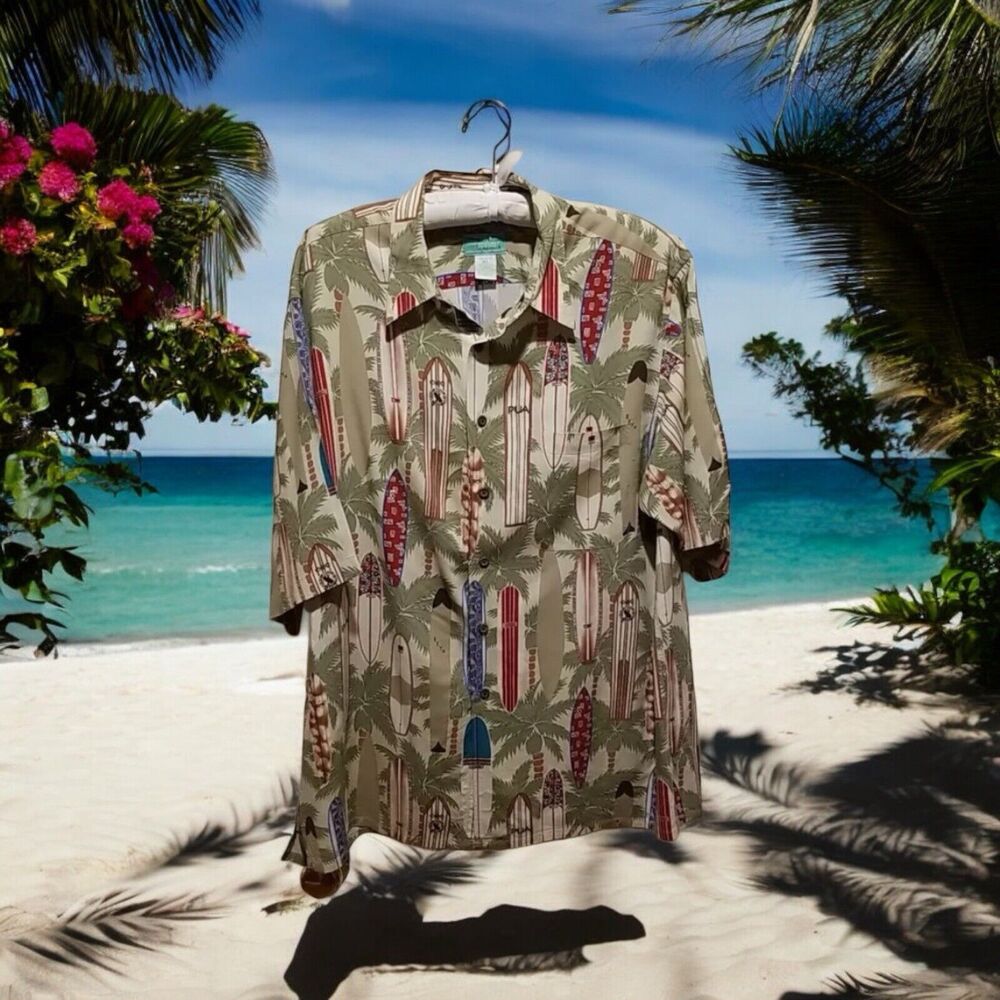 Vintage REYN SPOONER Surfboard Print Hawaiian Aloha Shirt XL Spun Rayon Tan‎ Grn